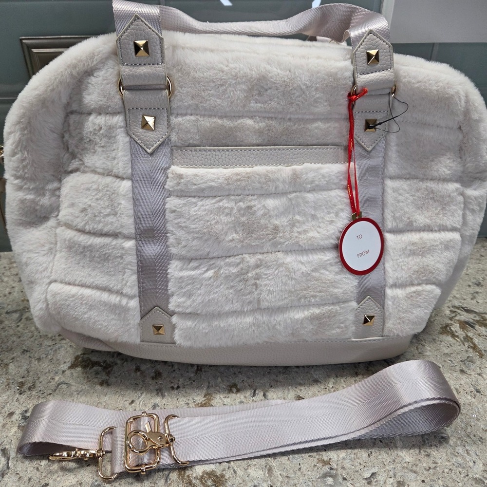 NWT Cynthia Rowley Cream Faux Fur Duffel Bag Gold Studs Shoulder Strap